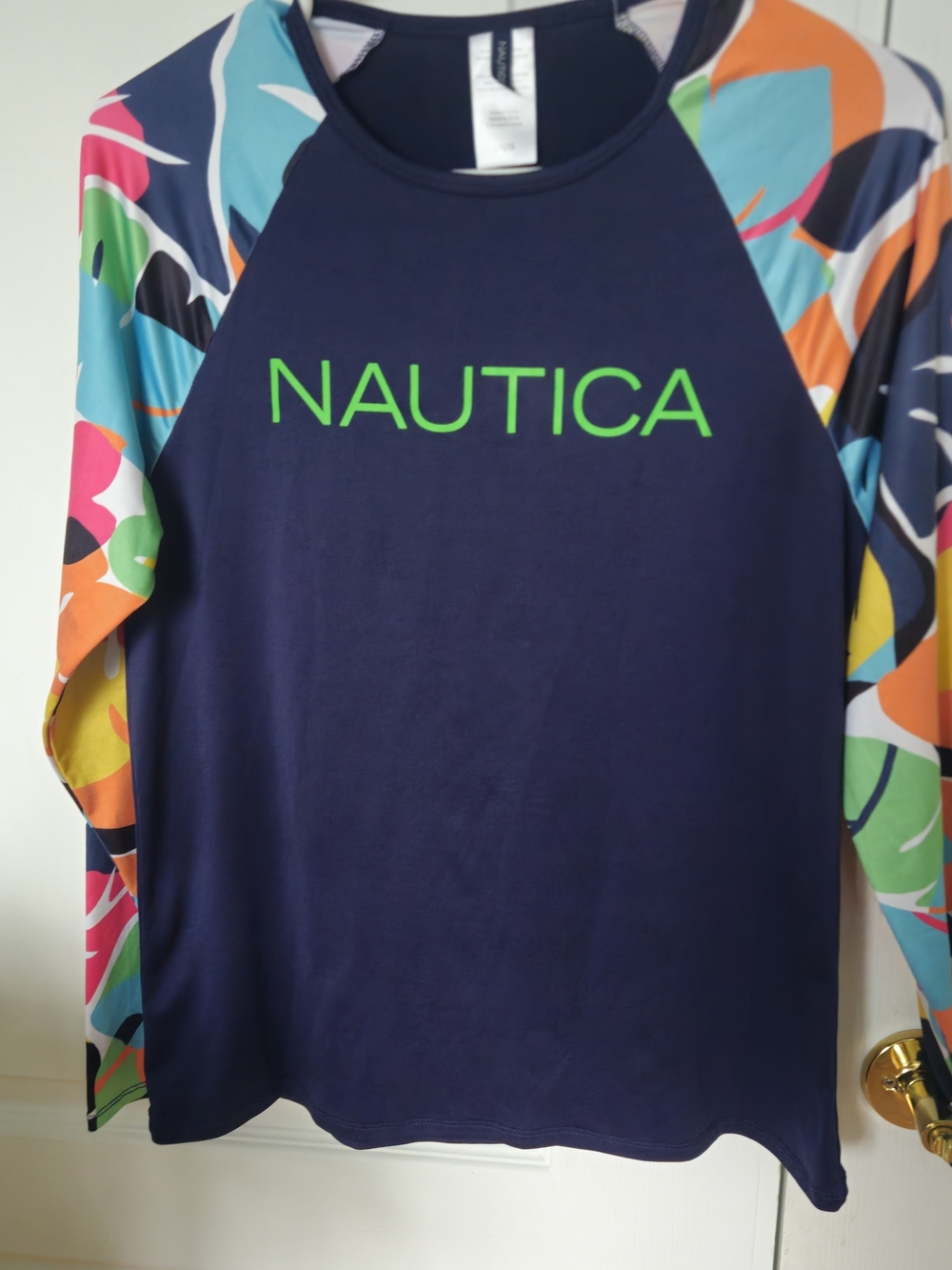 Nautica Navy Rash Guard with Neon Logo & Multicolor Sleeves